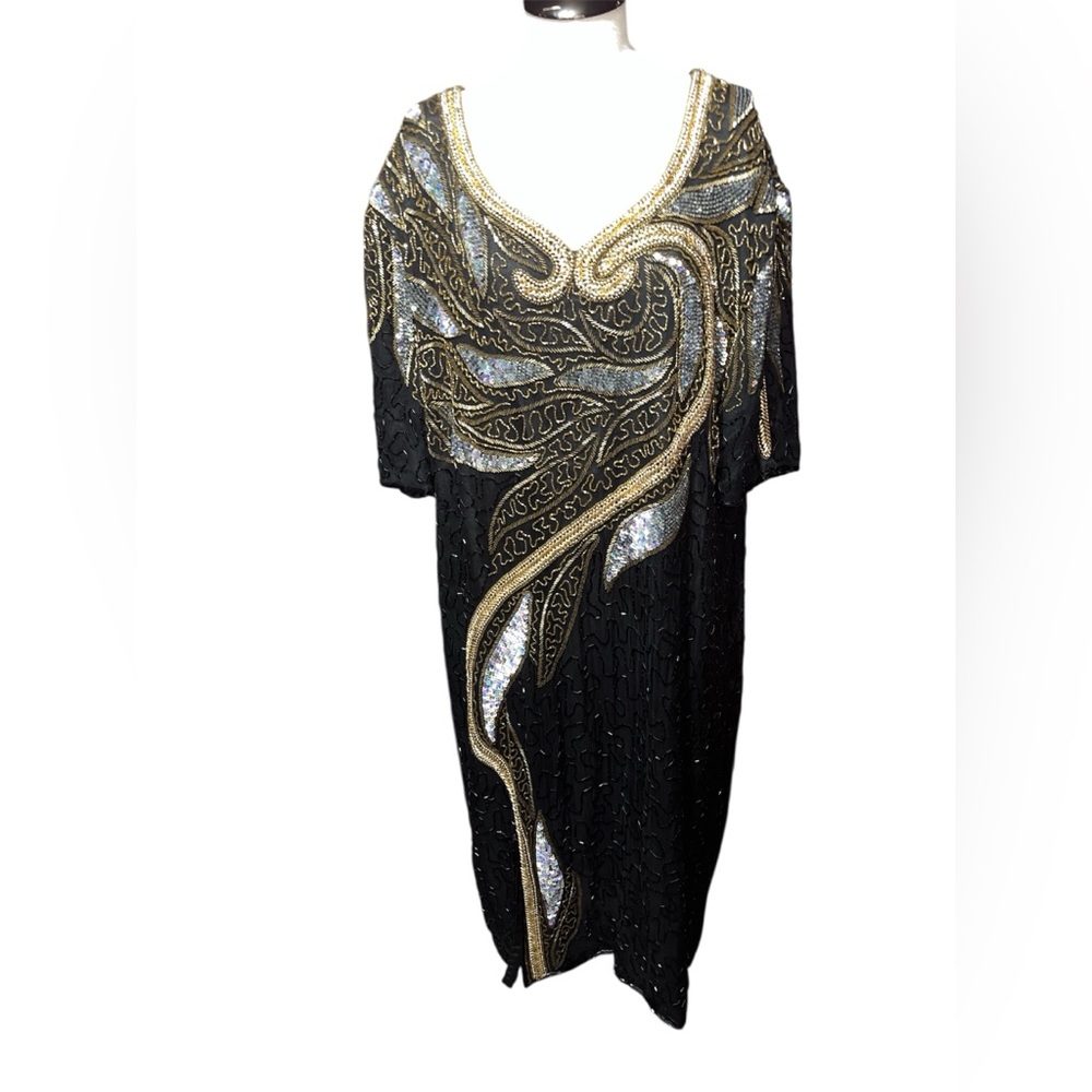 Vintage rare Morningside sequin midi dress formal black gold loud luxury 1X plus